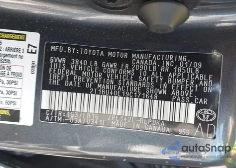 2009 Toyota Corolla Le from USA, damaged, VIN 2T1BU40E19C171648